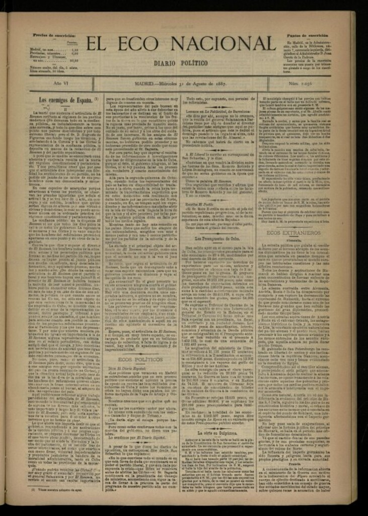 Miniatura de El Eco Nacional de 31 de agosto de 1887, nº 2056