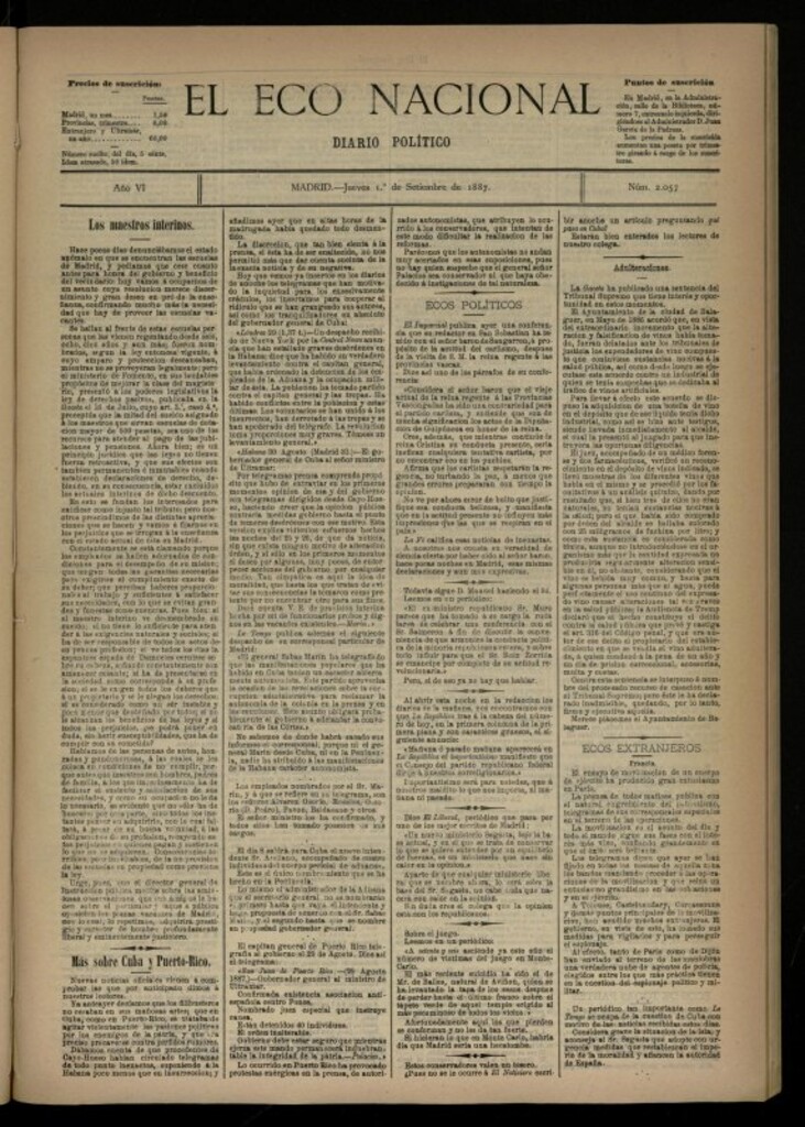 Miniatura de El Eco Nacional de 1 de septiembre de 1887, nº 2057