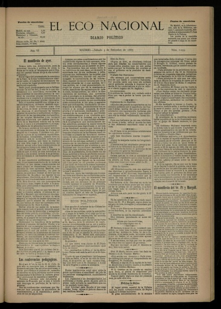 Miniatura de El Eco Nacional de 3 de septiembre de 1887, nº 2059