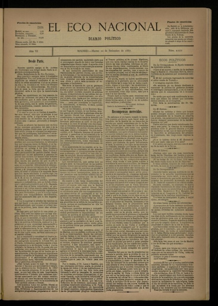 Miniatura de El Eco Nacional de 20 de septiembre de 1887, nº 2072
