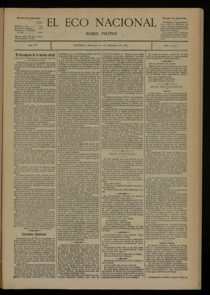 Miniatura de El Eco Nacional de 21 de septiembre de 1887, nº 2073