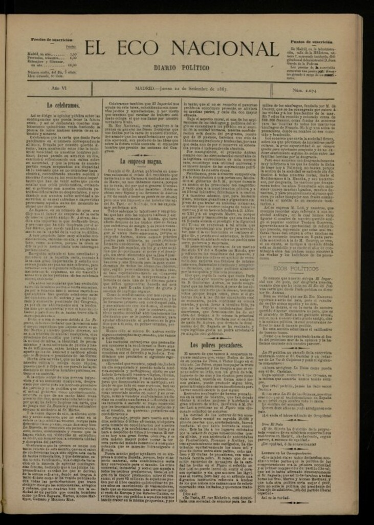 Miniatura de El Eco Nacional de 22 de septiembre de 1887, nº 2074