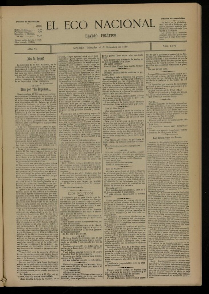 Miniatura de El Eco Nacional de 28 de septiembre de 1887, nº 2079