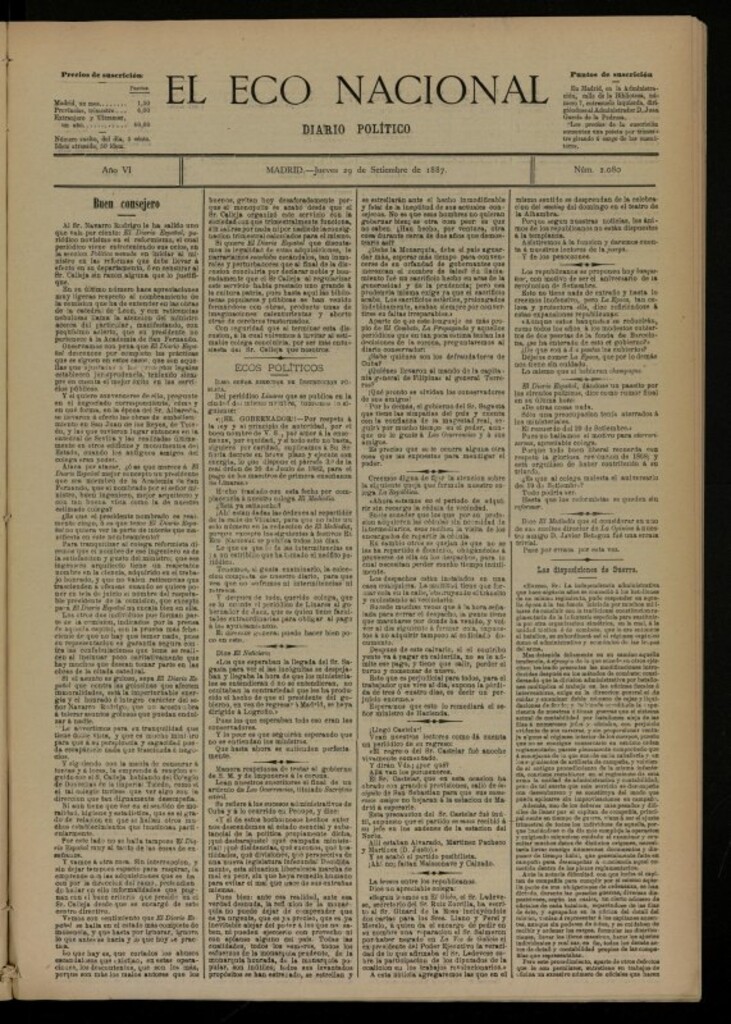 Miniatura de El Eco Nacional de 29 de septiembre de 1887, nº 2080