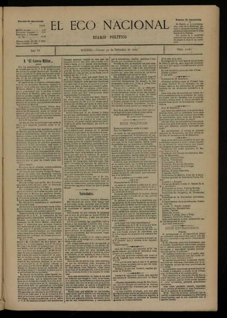 Miniatura de El Eco Nacional de 30 de septiembre de 1887, nº 2081