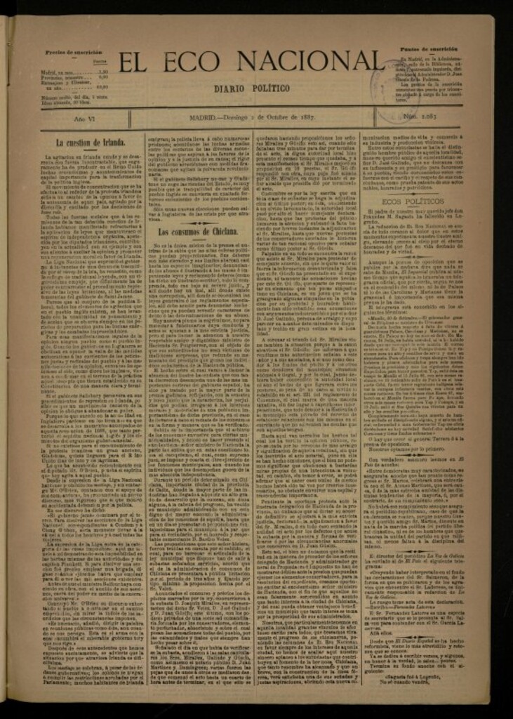 Miniatura de El Eco Nacional de 2 de octubre de 1887, nº 2083