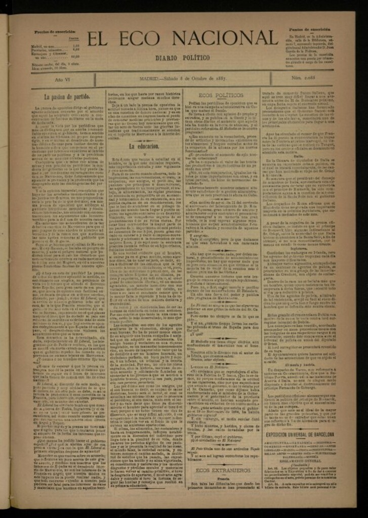 Miniatura de El Eco Nacional de 8 de octubre de 1887, nº 2088