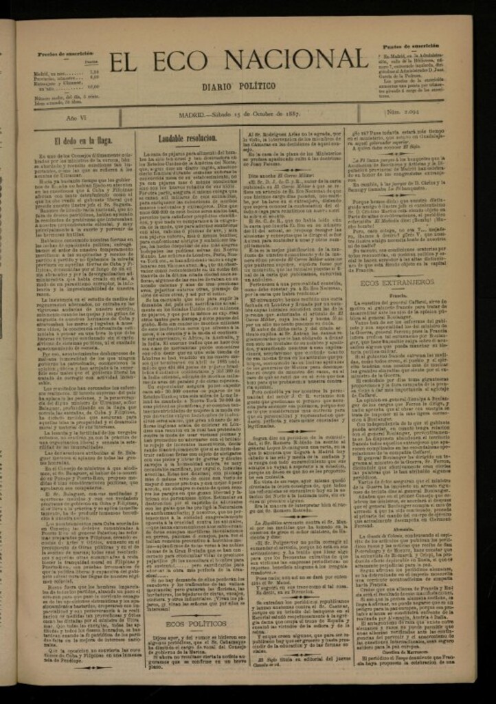 Miniatura de El Eco Nacional de 15 de octubre de 1887, nº 2094