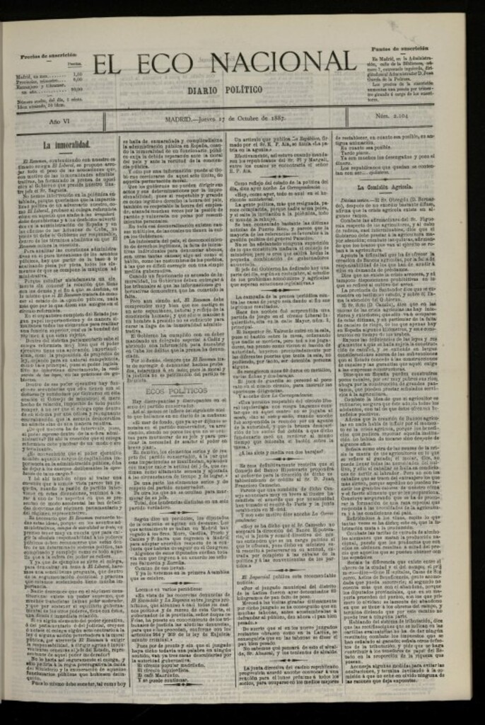 Miniatura de El Eco Nacional de 27 de octubre de 1887, nº 2104