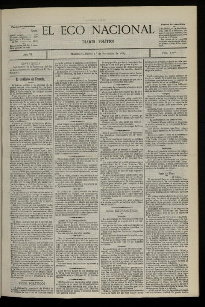 Miniatura de El Eco Nacional de de 1 de noviembre de 1887, nº 2108