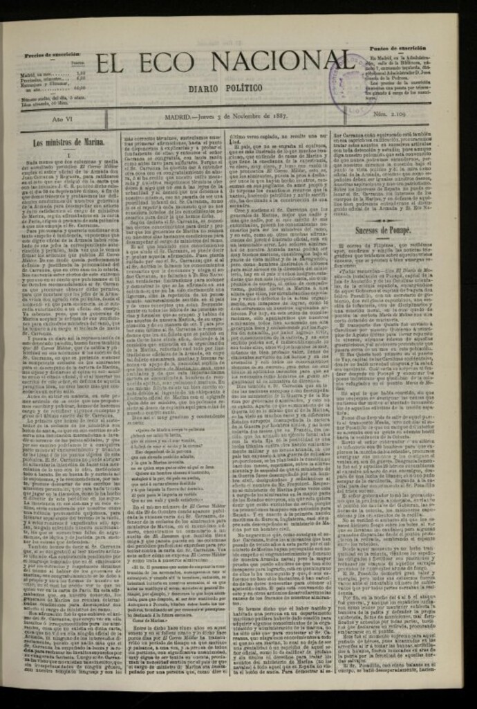 Miniatura de El Eco Nacional de de 3 de noviembre de 1887, nº 2109