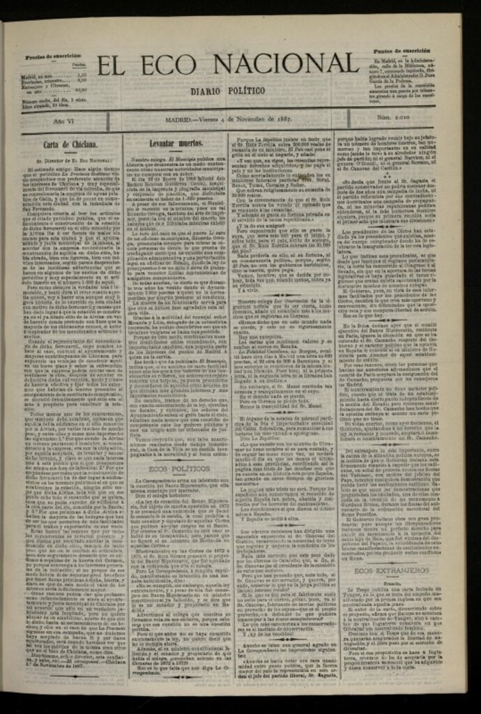 Miniatura de El Eco Nacional de de 4 de noviembre de 1887, nº 2010 [sic]