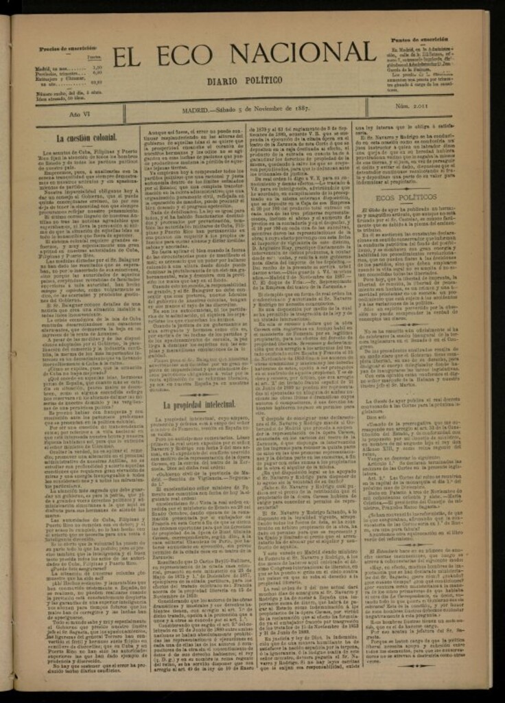 Miniatura de El Eco Nacional de 5 de noviembre de 1887, nº 2011 [sic]