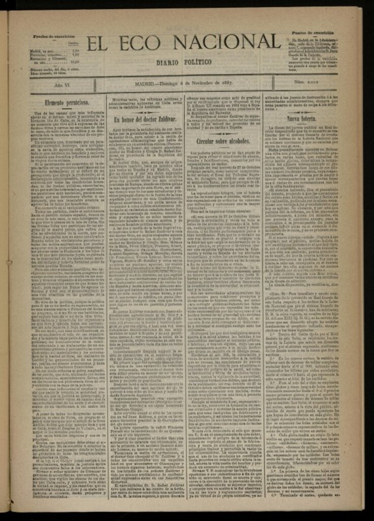 Miniatura de El Eco Nacional de 6 de noviembre de 1887, nº 2012 [sic]