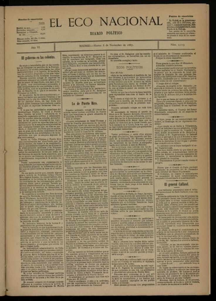Miniatura de El Eco Nacional de 8 de noviembre de 1887, nº 2013 [sic]