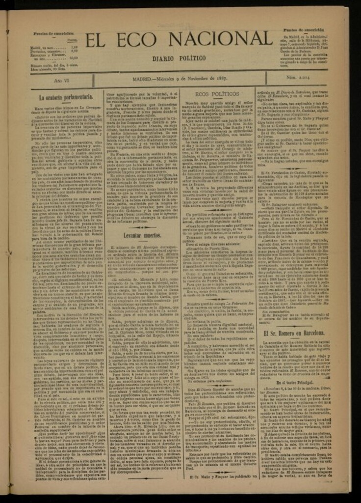 Miniatura de El Eco Nacional de 9 de noviembre de 1887, nº 2014 [sic]