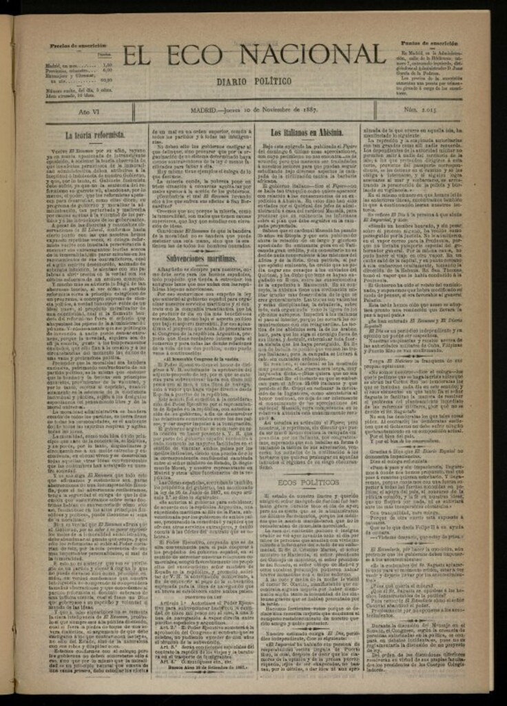 Miniatura de El Eco Nacional de 10 de noviembre de 1887, nº 2015 [sic]