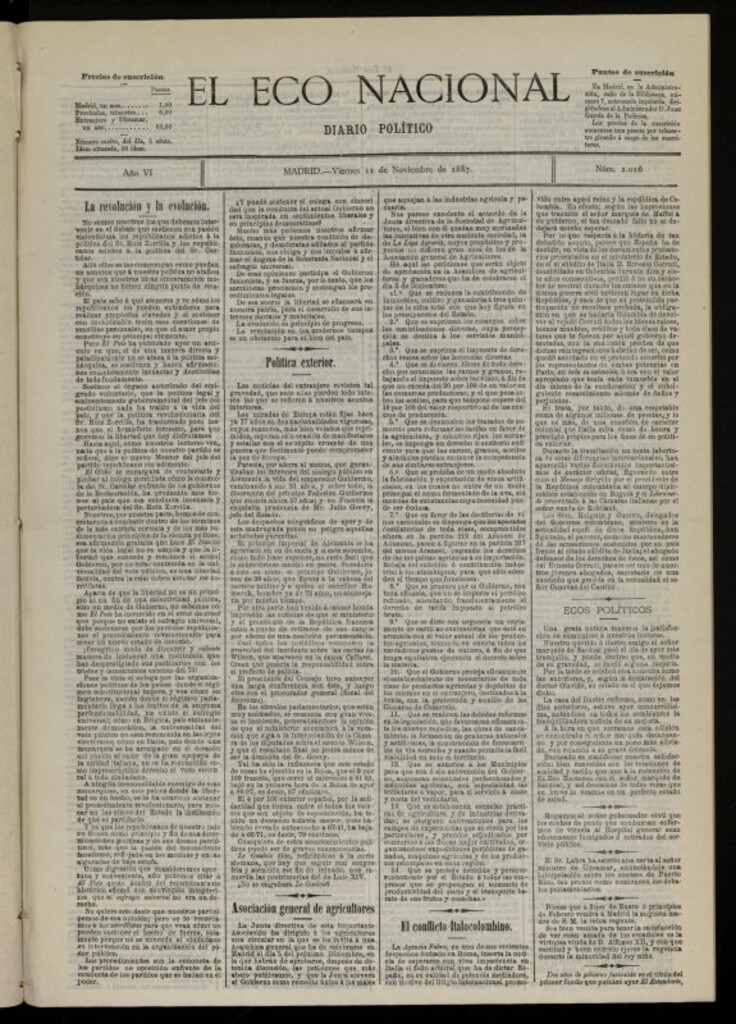 Miniatura de El Eco Nacional de 11 de noviembre de 1887, nº 2016 [sic]
