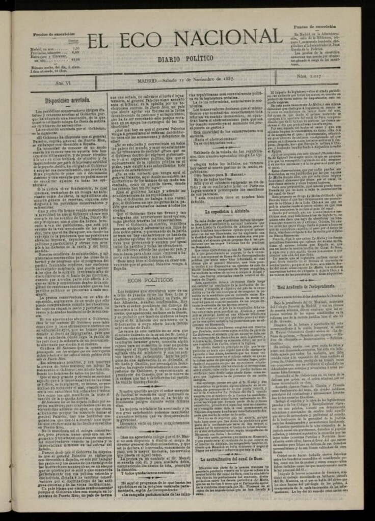 Miniatura de El Eco Nacional de 12 de noviembre de 1887, nº 2017 [sic]