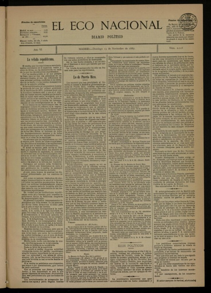 Miniatura de El Eco Nacional de 13 de noviembre de 1887, nº 2018 [sic]
