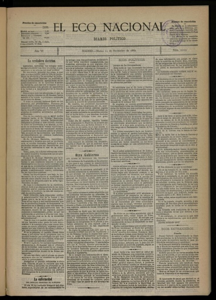 Miniatura de El Eco Nacional de 15 de noviembre de 1887, nº 2019 [sic]