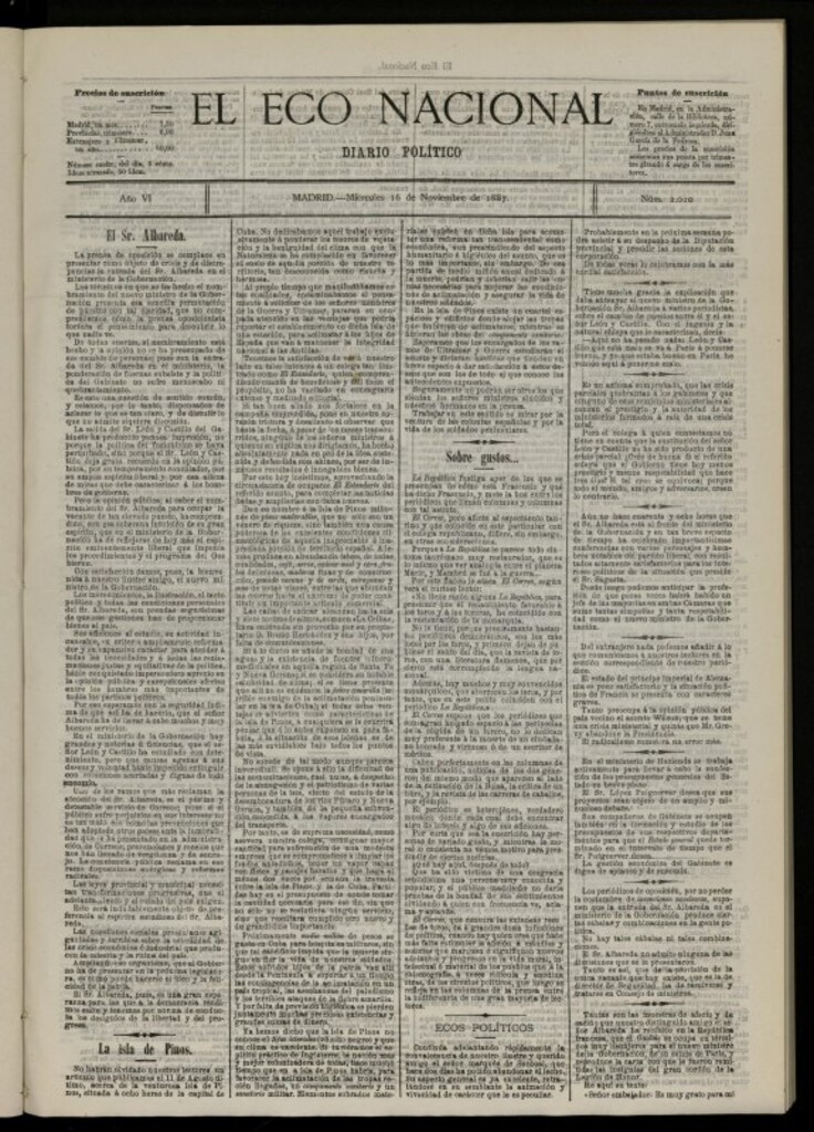 Miniatura de El Eco Nacional de 16 de noviembre de 1887, nº 2020 [sic]