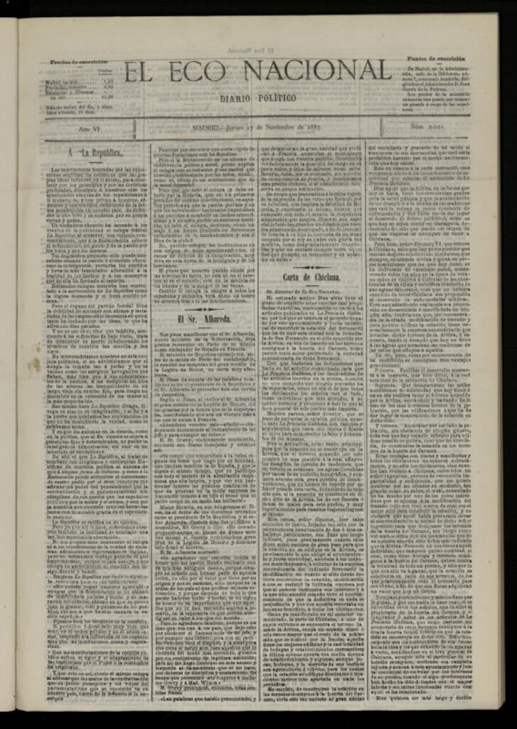 Miniatura de El Eco Nacional de 17 de noviembre de 1887, nº 2021 [sic]
