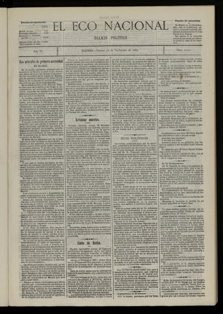 Miniatura de El Eco Nacional de 18 de noviembre de 1887, nº 2022 [sic]