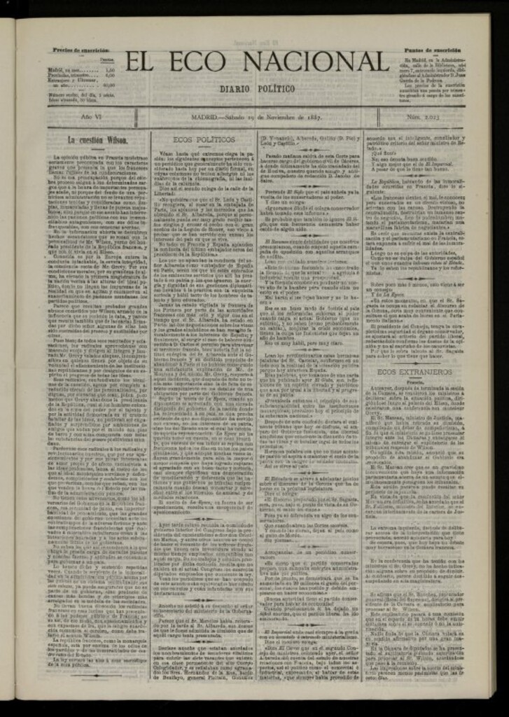 Miniatura de El Eco Nacional de 19 de noviembre de 1887, nº 2023 [sic]