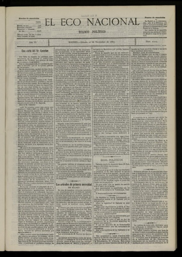 Miniatura de El Eco Nacional de 20 de noviembre de 1887, nº 2024 [sic]