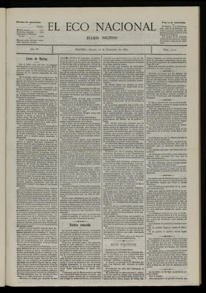 Miniatura de El Eco Nacional de 26 de noviembre de 1887, nº 2029 [sic]