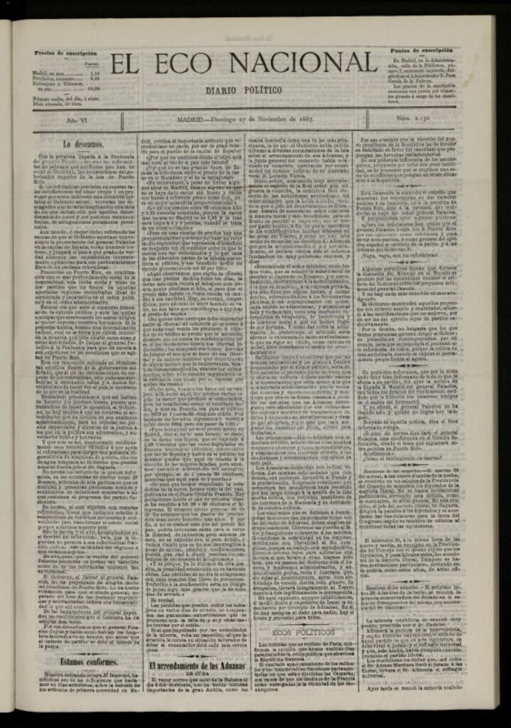 Miniatura de El Eco Nacional de 27 de noviembre de 1887, nº 2130
