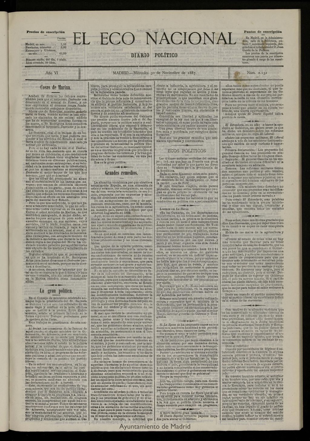 Miniatura de El Eco Nacional de 30 de noviembre de 1887, nº 2132