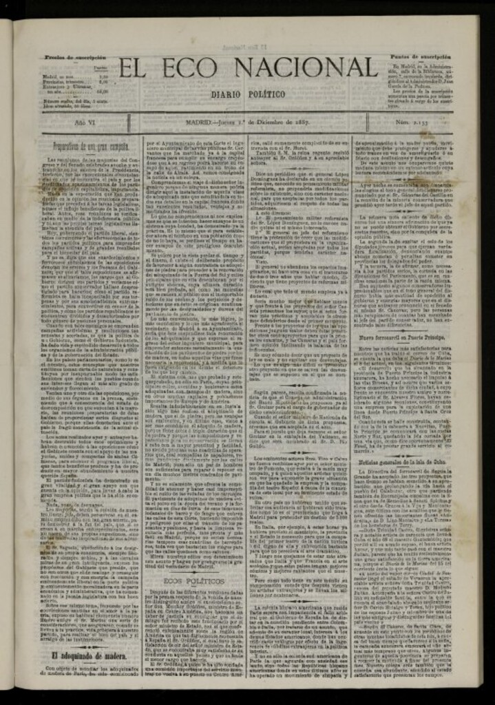 Miniatura de El Eco Nacional de 1 de diciembre de 1887, nº 2133