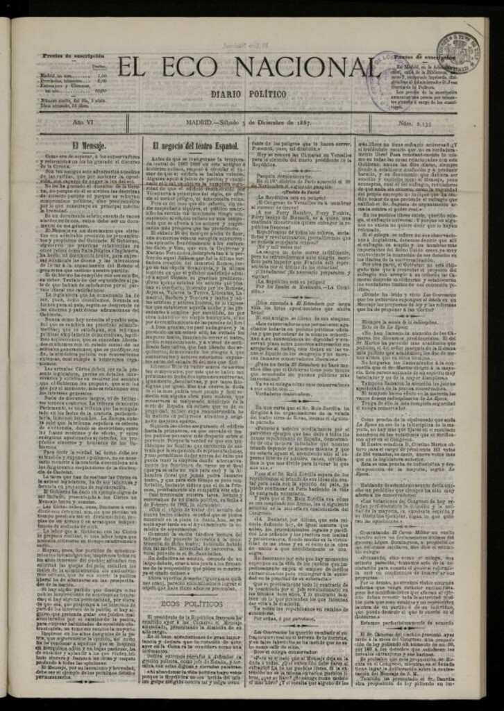 Miniatura de El Eco Nacional de 3 de diciembre de 1887, nº 2135