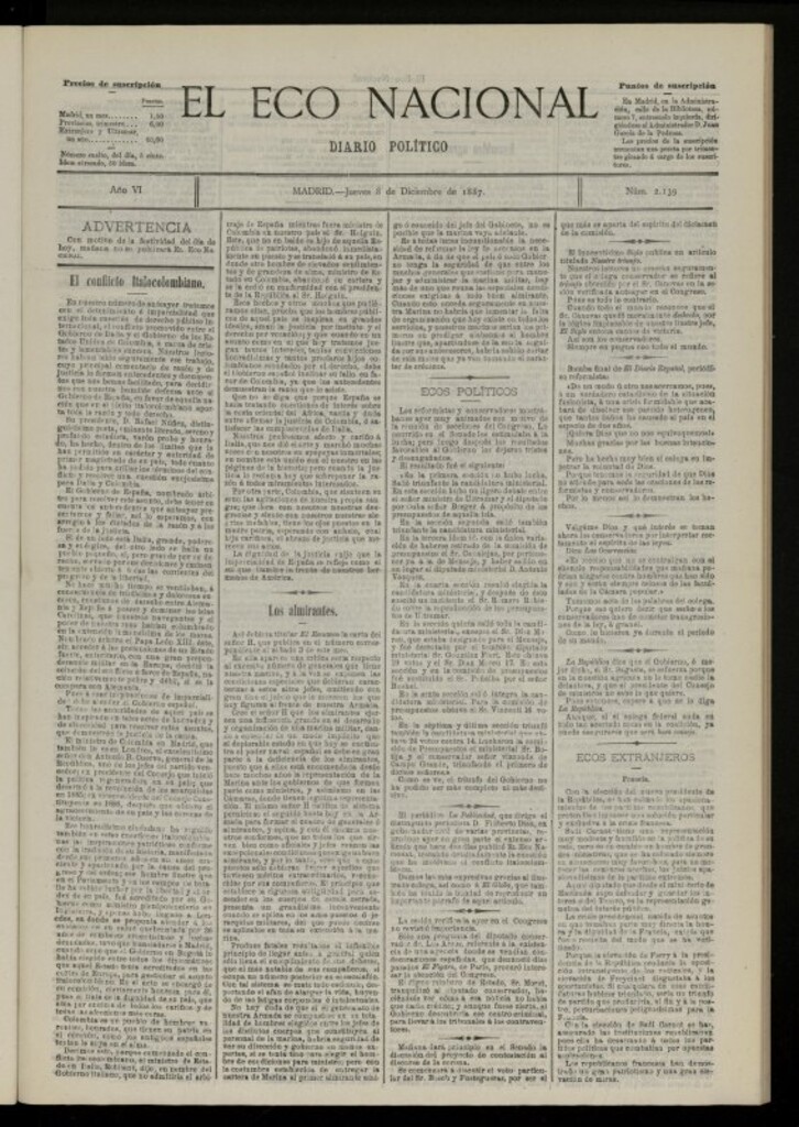 Miniatura de El Eco Nacional de 8 de diciembre de 1887, nº 2139
