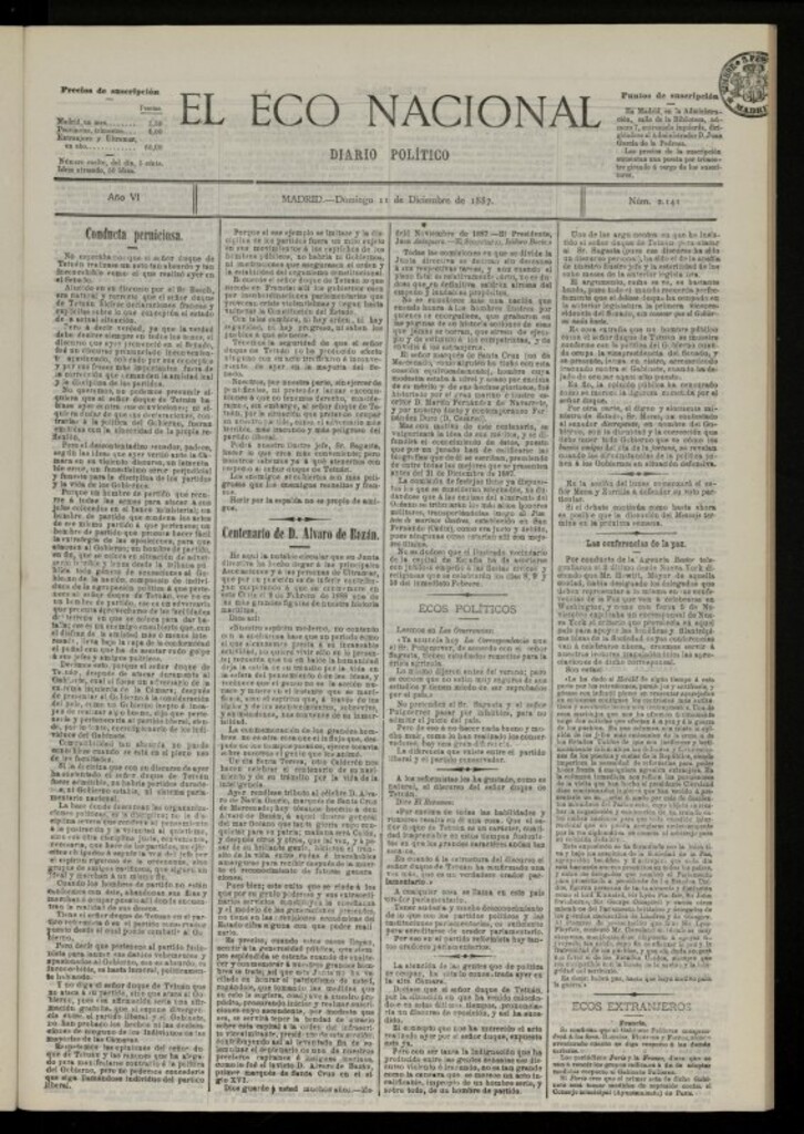 Miniatura de El Eco Nacional de 11 de diciembre de 1887, nº 2141