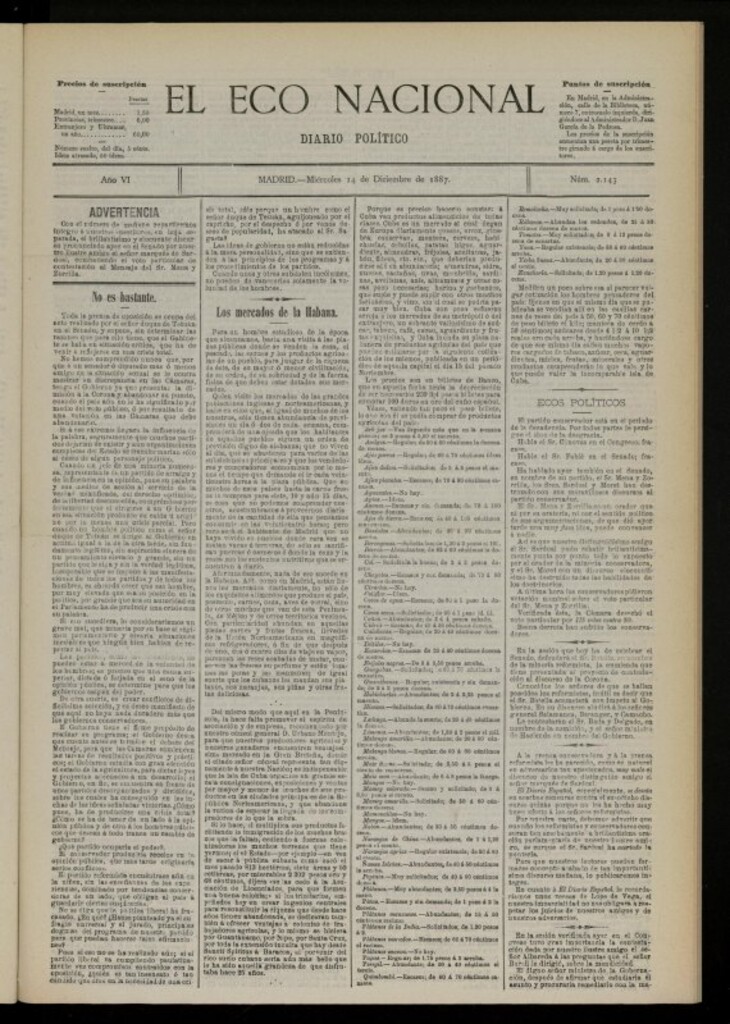 Miniatura de El Eco Nacional de 14 de diciembre de 1887, nº 2143