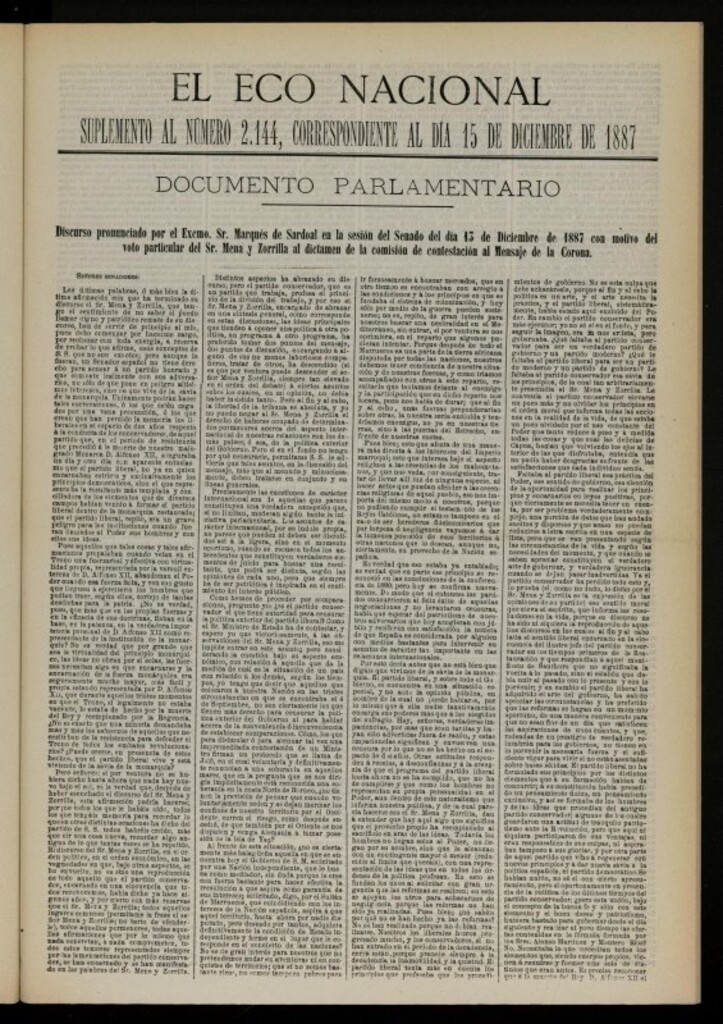 Miniatura de El Eco Nacional de 15 de diciembre de 1887, suplemento al nº 2144
