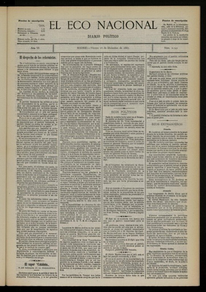 Miniatura de El Eco Nacional de 16 de diciembre de 1887, nº 2145