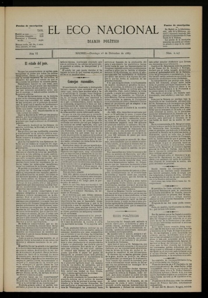 Miniatura de El Eco Nacional de 18 de diciembre de 1887, nº 2147
