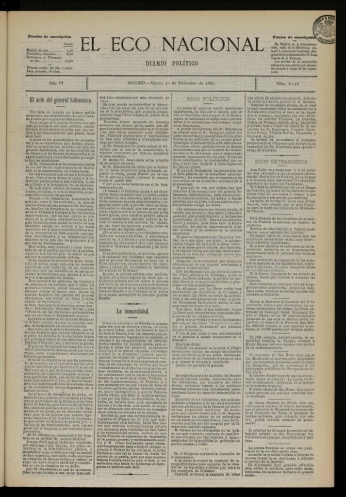 Miniatura de El Eco Nacional de 20 de diciembre de 1887, nº 2148