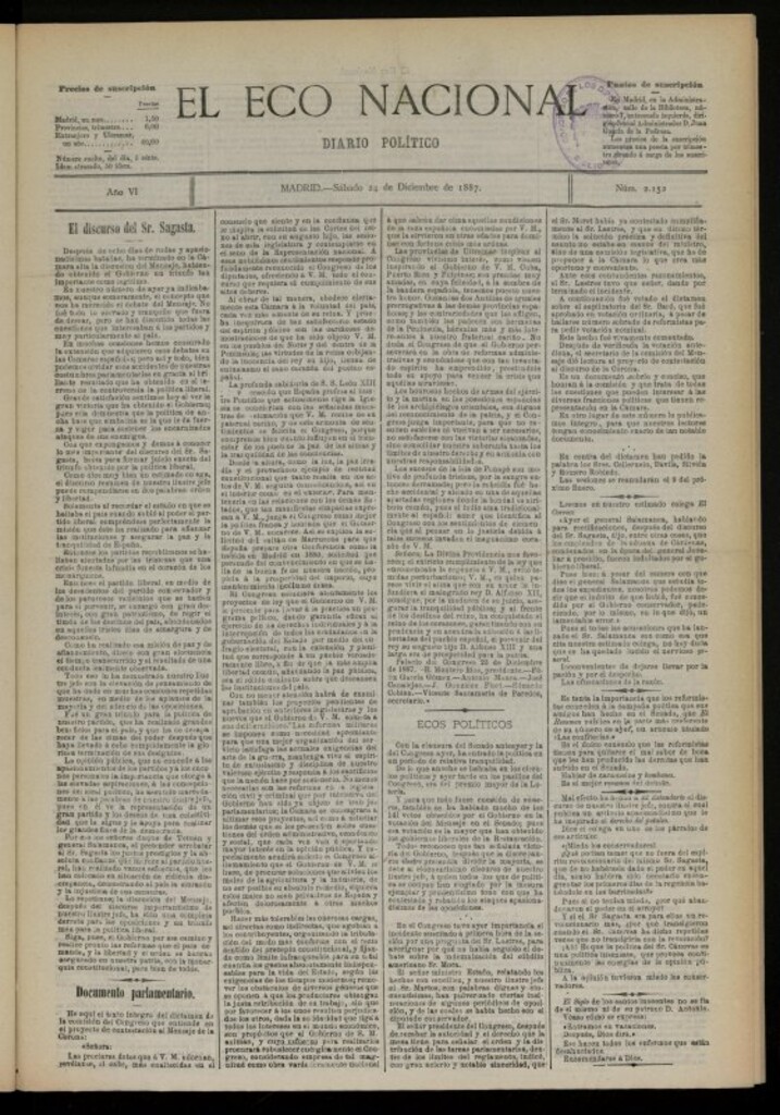 Miniatura de El Eco Nacional de 24 de diciembre de 1887, nº 2152