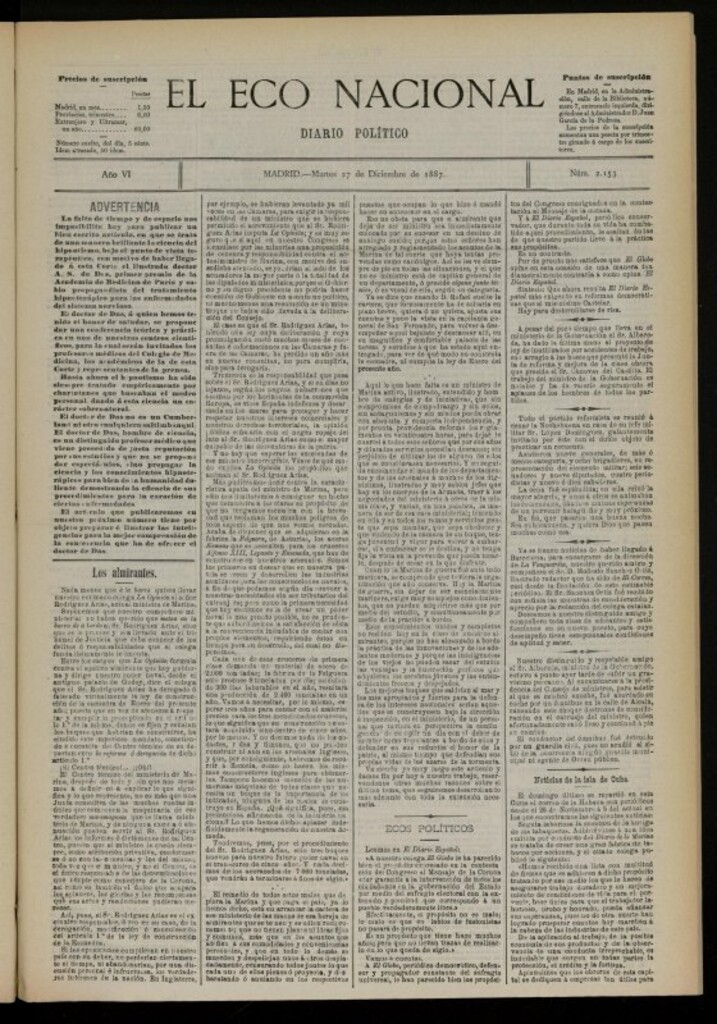 Miniatura de El Eco Nacional de 27 de diciembre de 1887, nº 2153