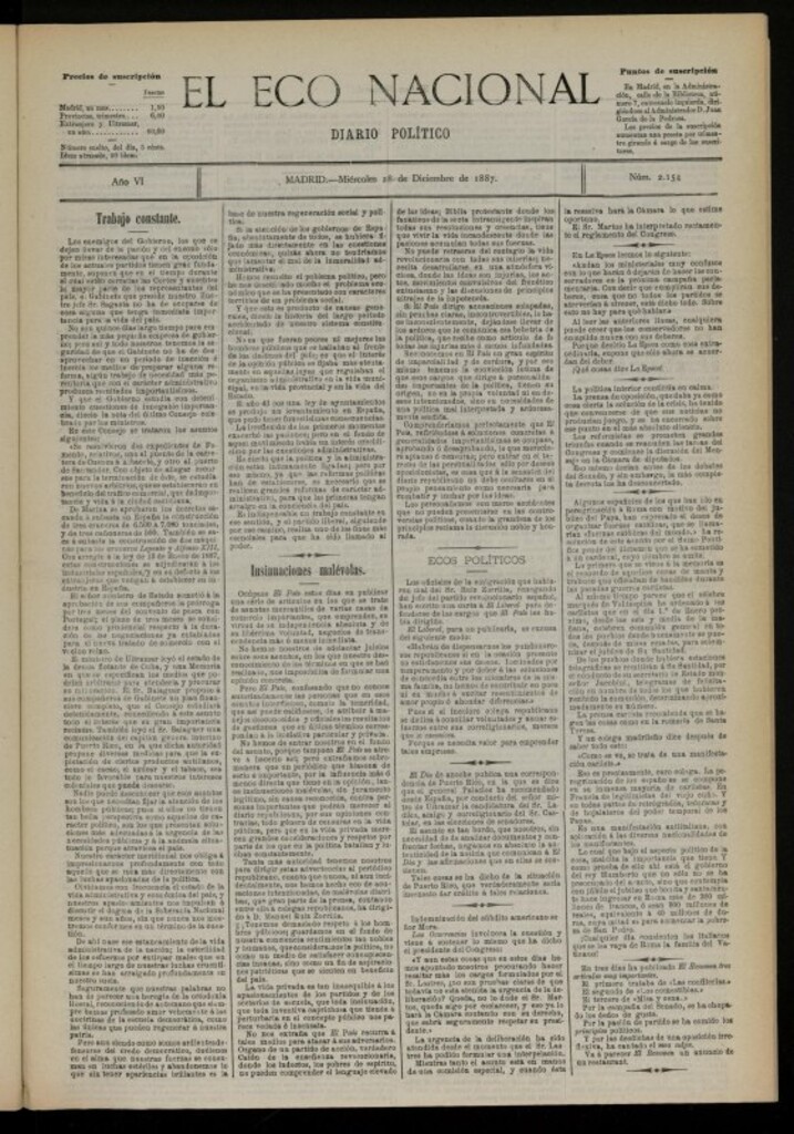 Miniatura de El Eco Nacional de 28 de diciembre de 1887, nº 2154