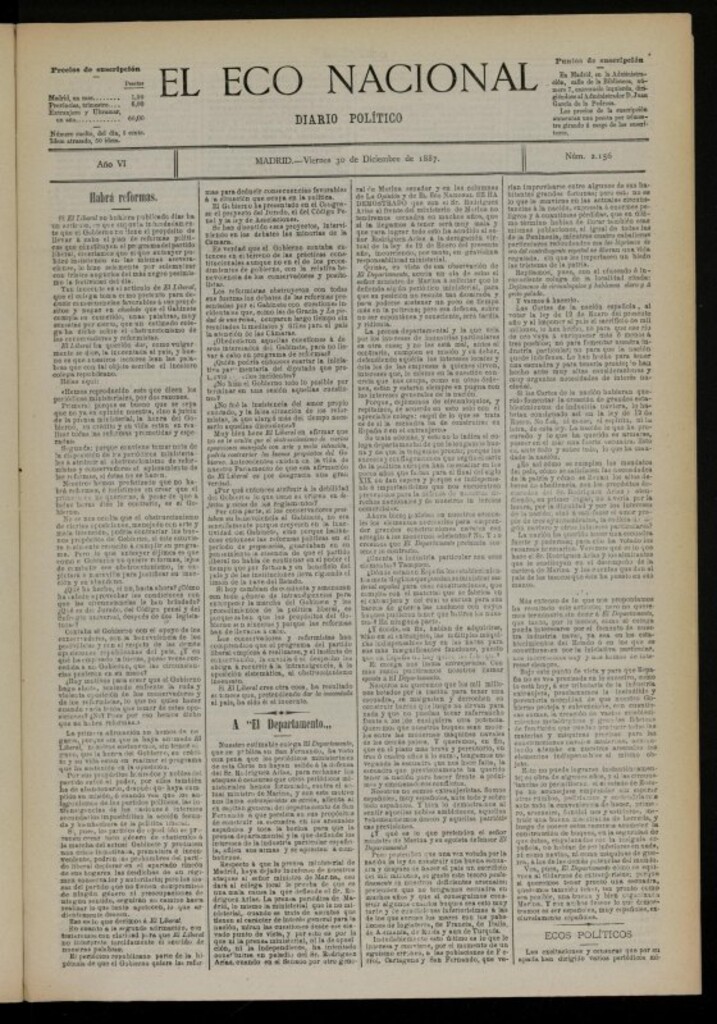 Miniatura de El Eco Nacional de 30 de diciembre de 1887, nº 2156