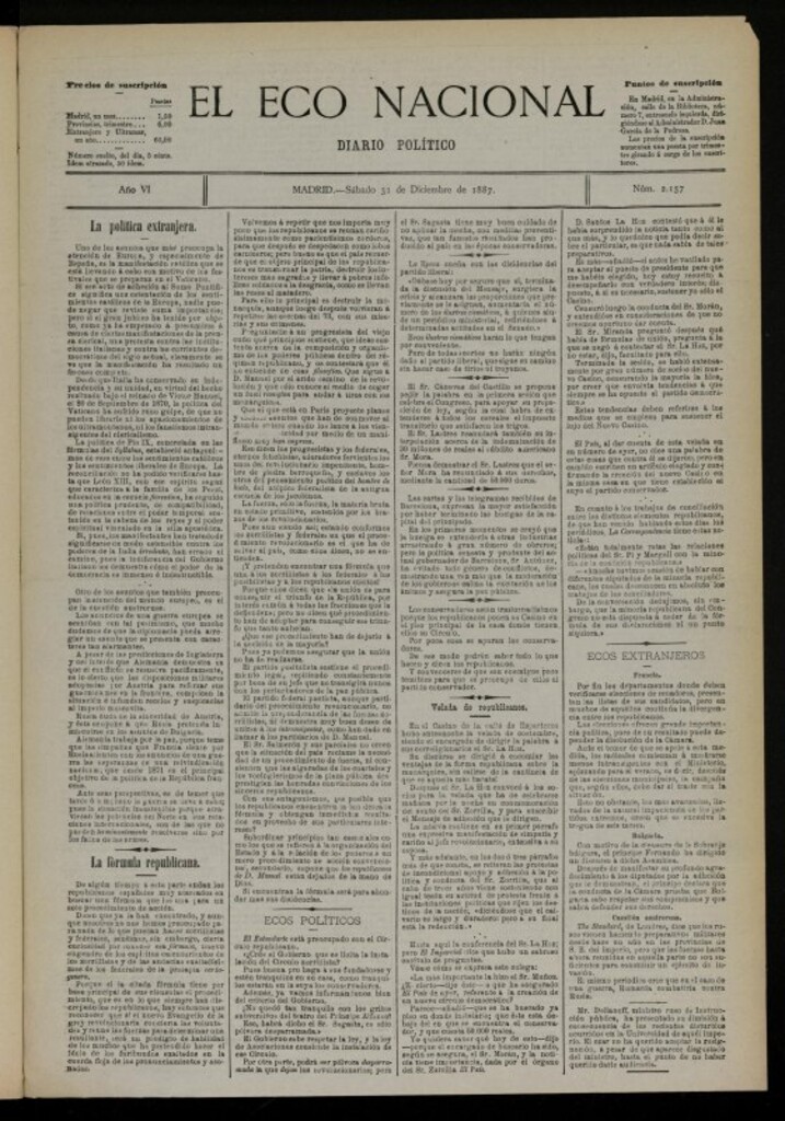 Miniatura de El Eco Nacional de 31 de diciembre de 1887, nº 2157