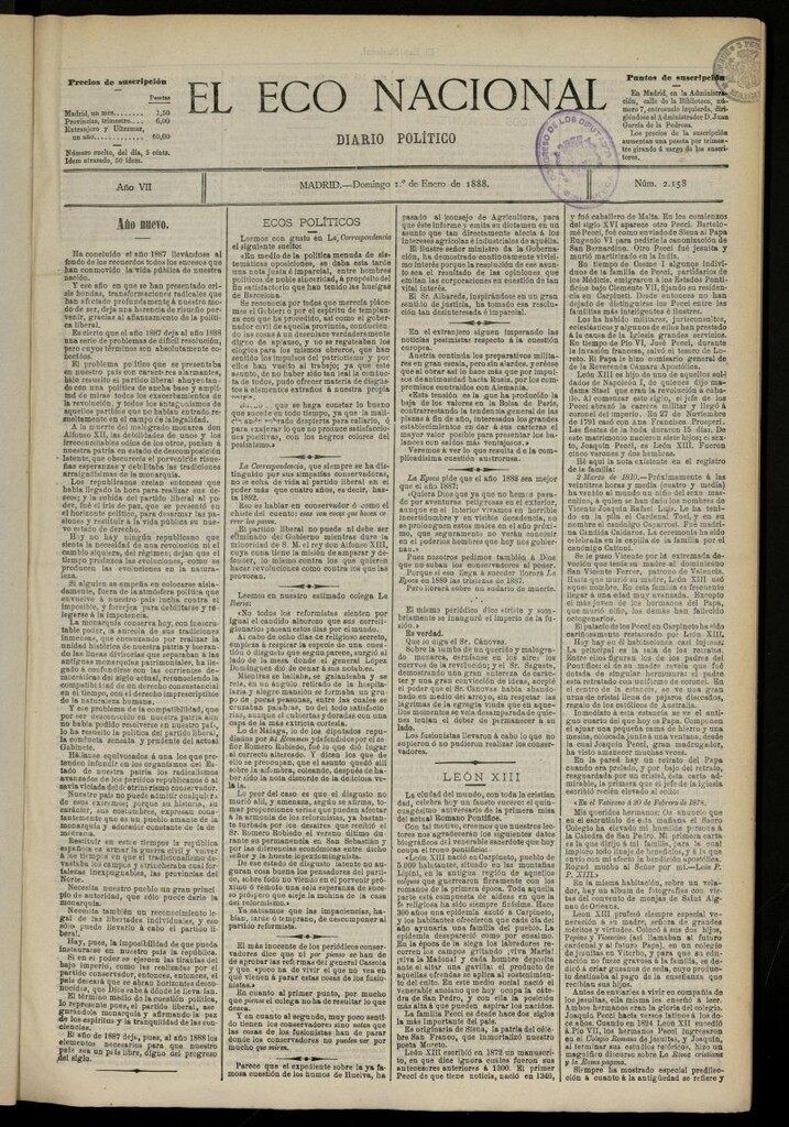 Miniatura de El Eco Nacional de 1 de enero de 1888, nº 2158