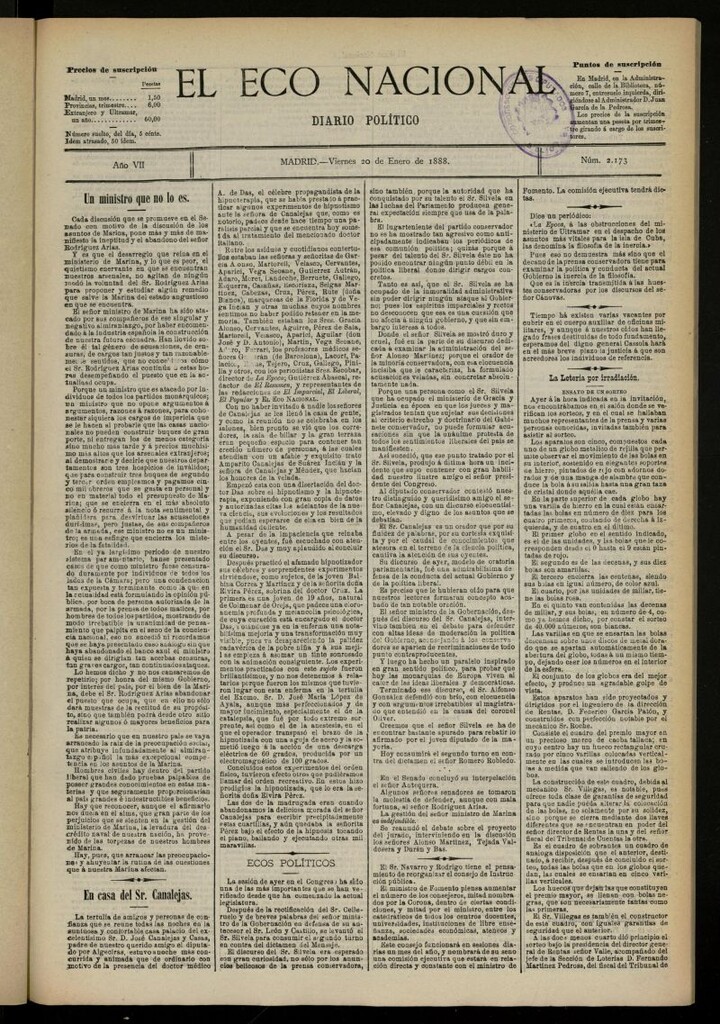 Miniatura de El Eco Nacional de 20 de enero de 1888, nº 2173