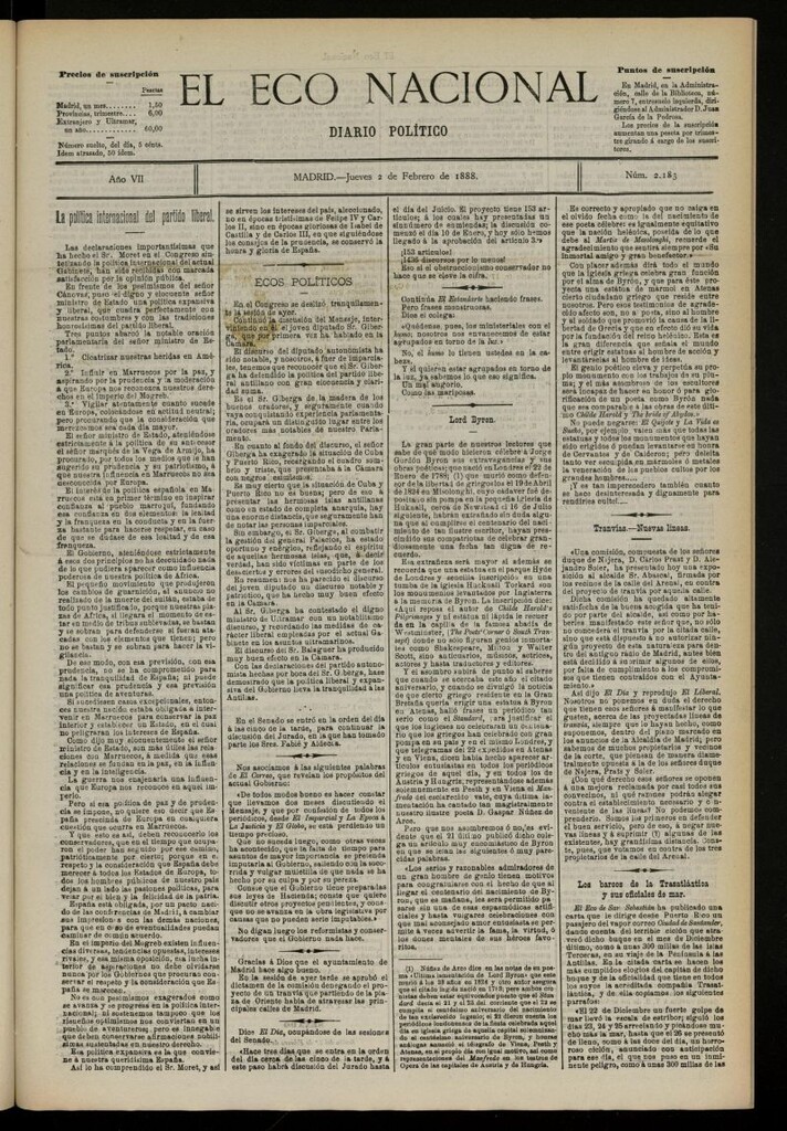 Miniatura de El Eco Nacional de 2 de febrero de 1888, nº 2183